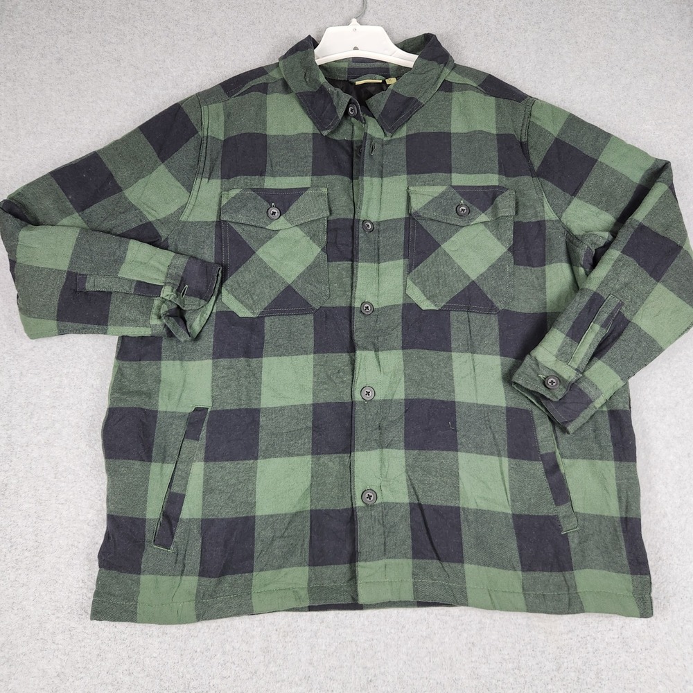 Adventuridge Shirt Jacket Men XL Green Buffalo Plaid Quilted Lined Flannel Heavy